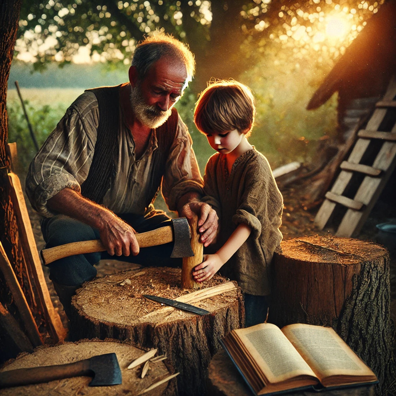 An elder guides a youth in shaping an
  axe handle